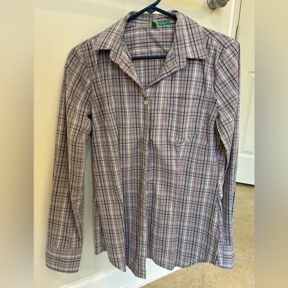 United Colors Of Benetton Women's Plaid Button-Down Shirt - Gray and Purple